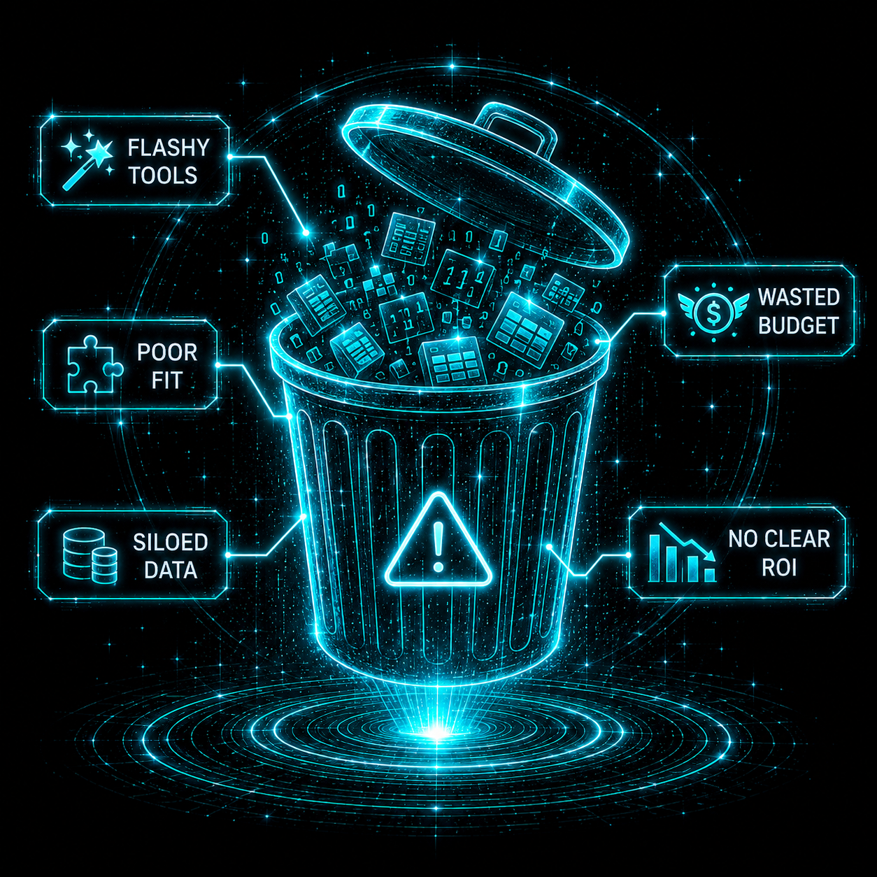 Bucket filled with mismatched AI tools with callouts for flashy tools, poor fit, siloed data, wasted budget, and no clear ROI