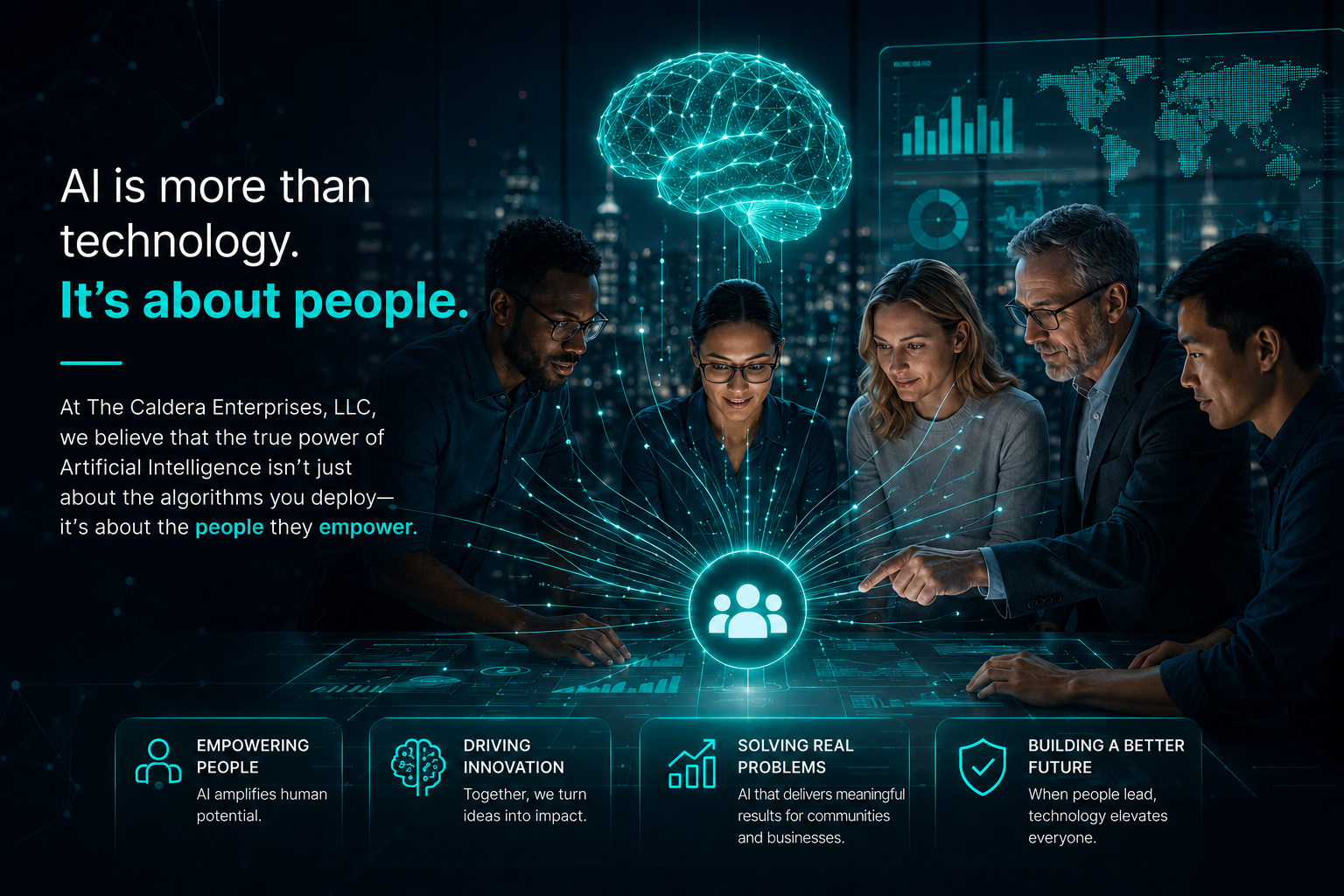 A futuristic visualization showing people empowered through artificial intelligence innovation